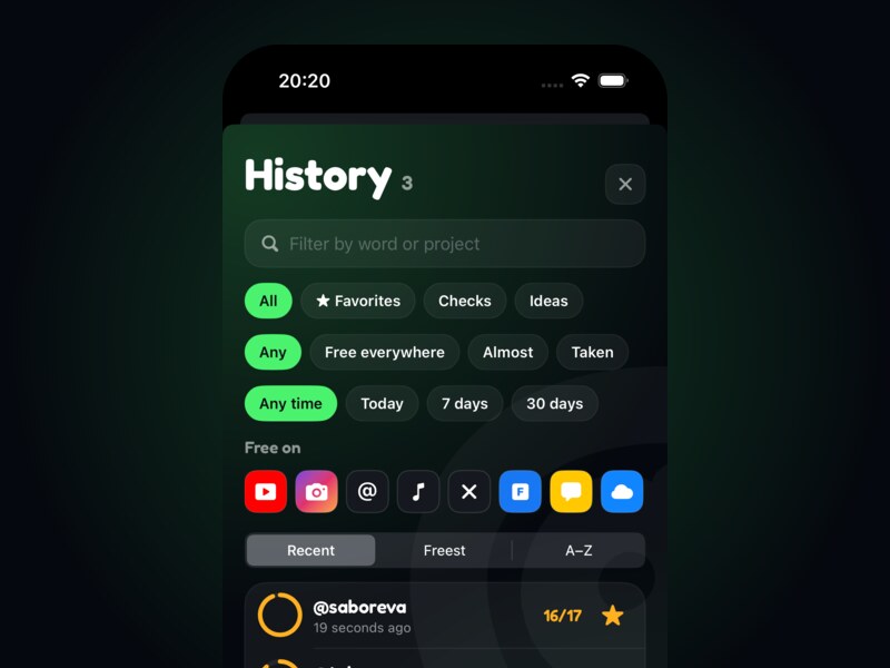 History with filters by word, status, date and network