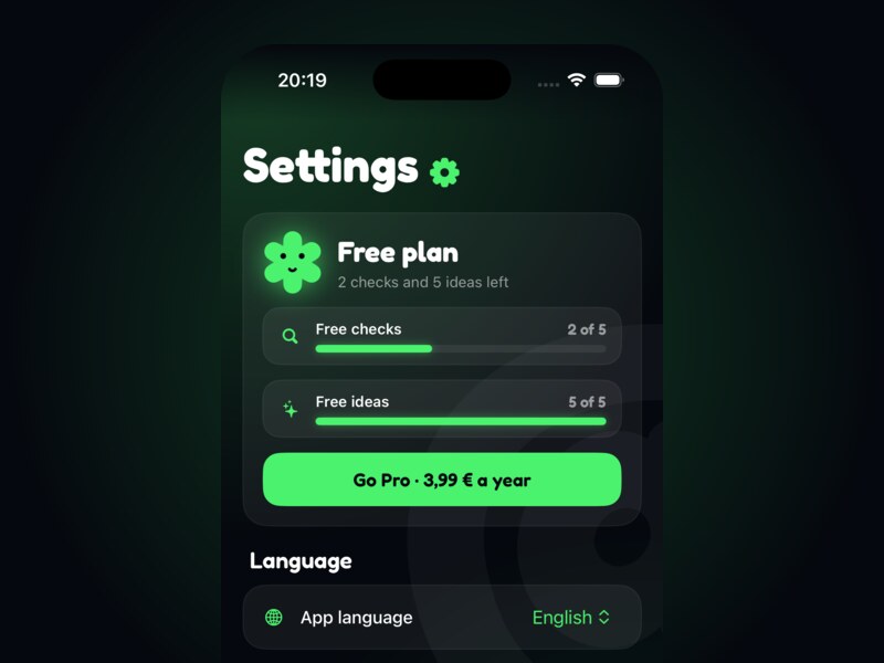 Settings: language, appearance and plan